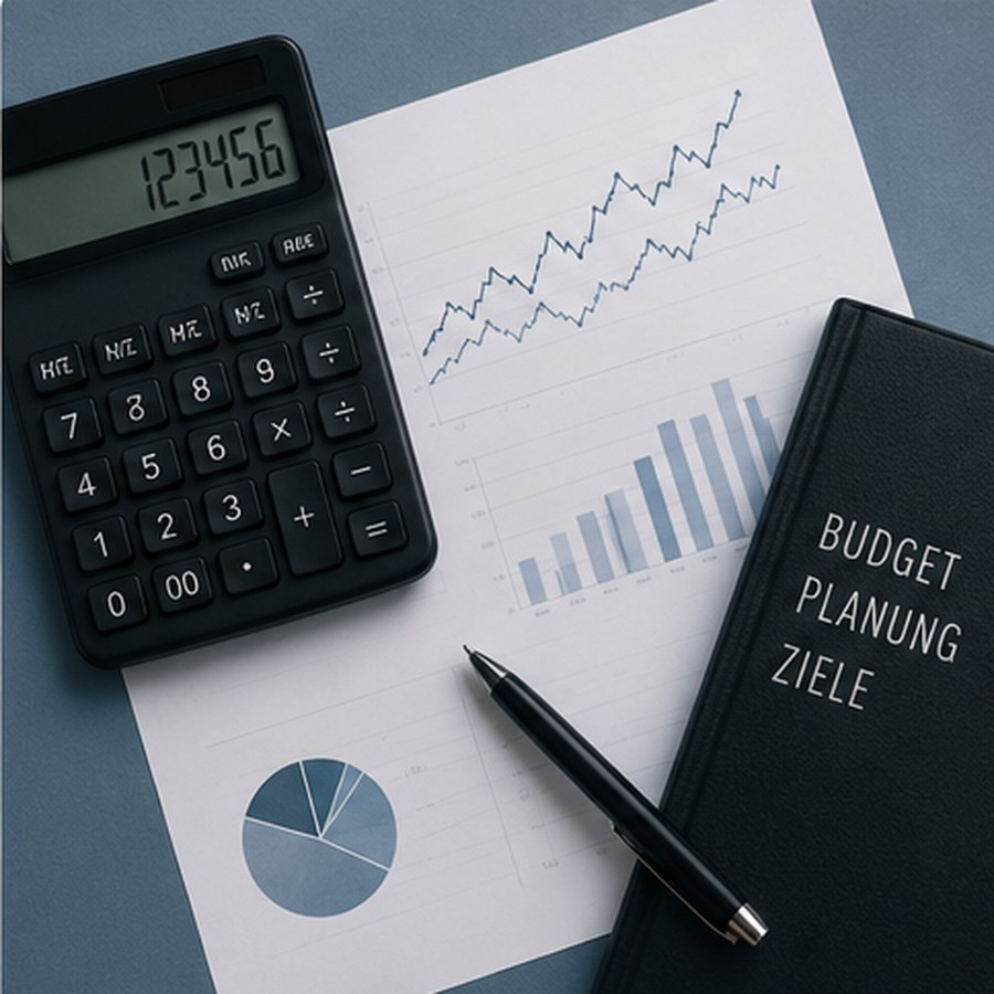 Budgetplanung mit Taschenrechner, Diagrammen und Notizbuch